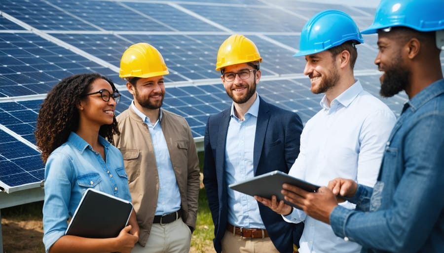 Group of diverse stakeholders discussing a solar PV project near solar panels