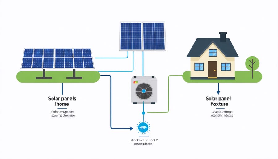 Solar energy storage system workflow diagram showing energy capture, storage, and distribution