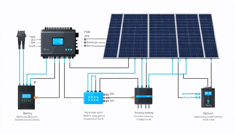 Technical diagram illustrating main components and connections of a 7kW solar system with battery backup