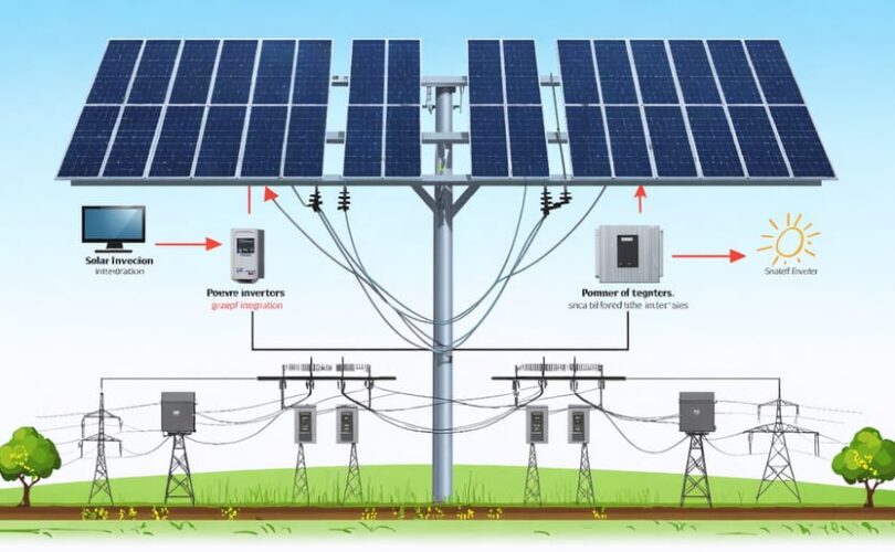 Illustration depicting solar panels connected to the electrical grid with labeled components, including inverters and smart meters, highlighting the bidirectional flow of electricity and the integration process.