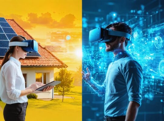 Conceptual illustration showing a split-screen of traditional solar installation training versus a virtual reality training environment, emphasizing the advanced, immersive nature of VR technology in educating solar professionals.