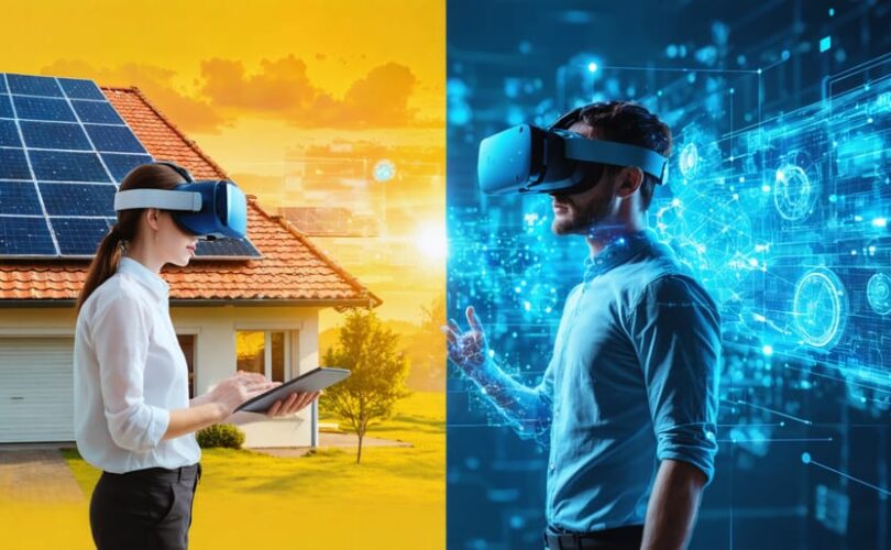 Conceptual illustration showing a split-screen of traditional solar installation training versus a virtual reality training environment, emphasizing the advanced, immersive nature of VR technology in educating solar professionals.