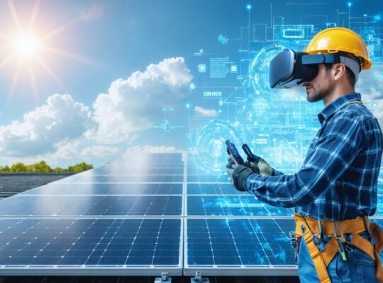 Split-screen illustration of a solar installation training setting; on one side, a technician in safety gear works on a rooftop, while on the other side, a trainee uses a VR headset and controllers, surrounded by digital solar panels.