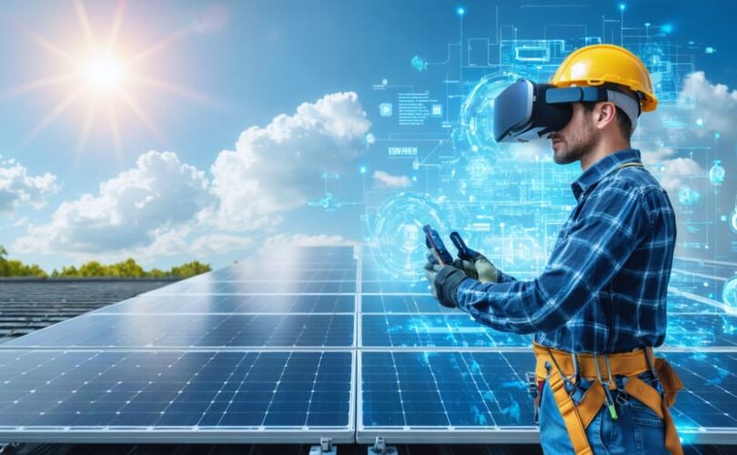 Split-screen illustration of a solar installation training setting; on one side, a technician in safety gear works on a rooftop, while on the other side, a trainee uses a VR headset and controllers, surrounded by digital solar panels.