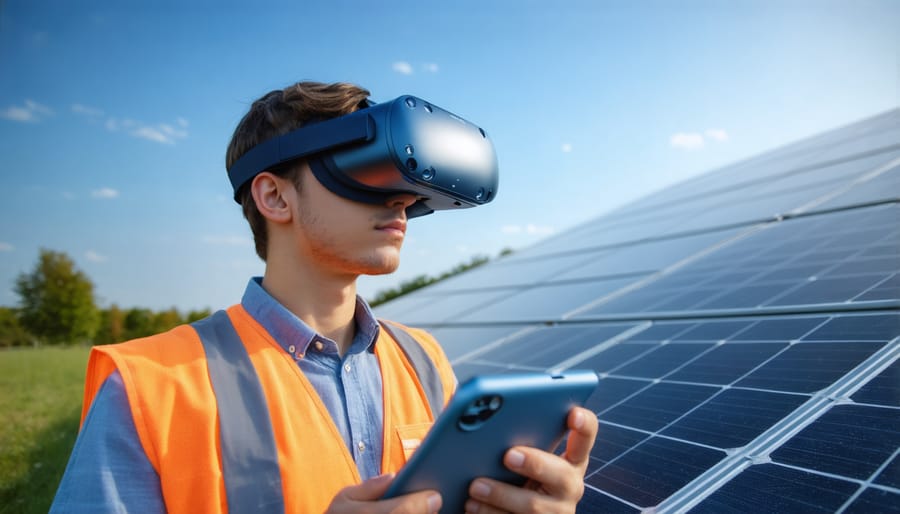 Trainee practicing solar panel installation techniques using virtual reality equipment