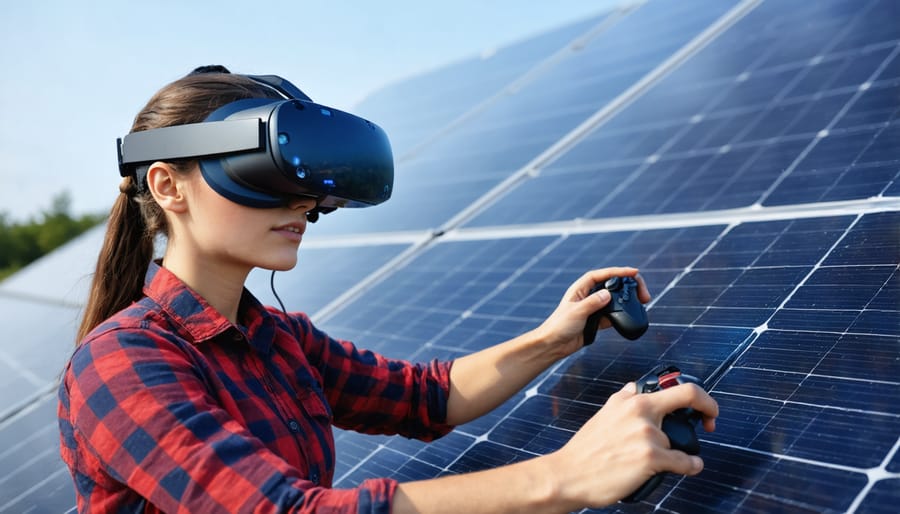 Solar installer trainee using VR equipment to practice installation techniques