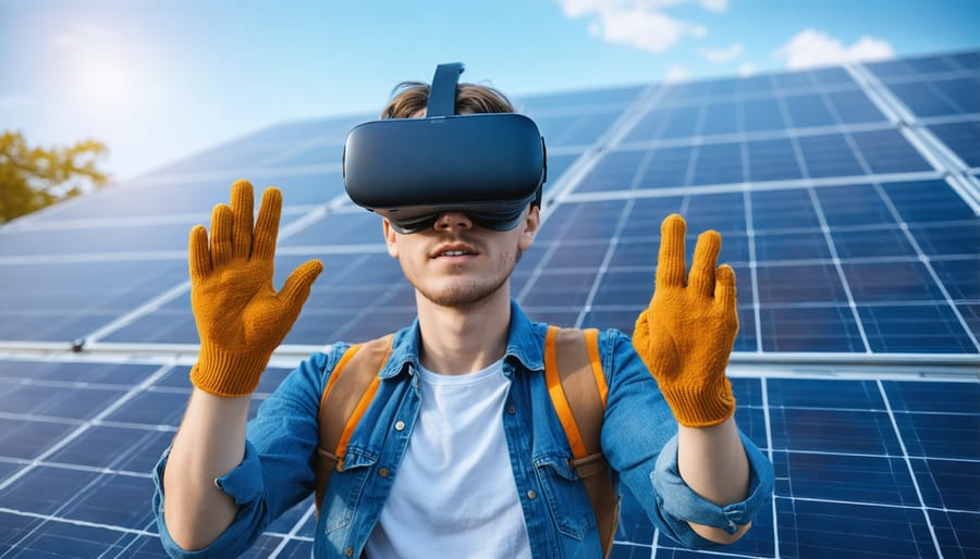 Solar installer trainee using virtual reality equipment for installation practice