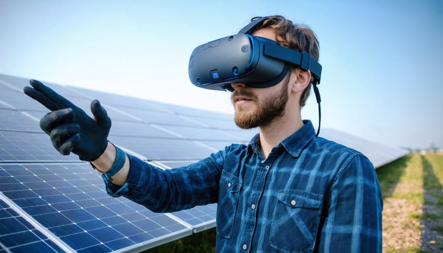 Solar technician using virtual reality equipment for installation training