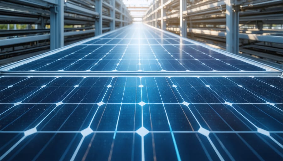 Industrial production line showing z-polymer application in solar panel manufacturing