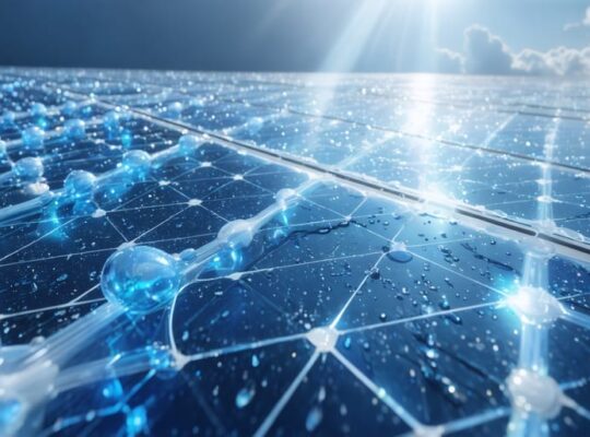 A futuristic solar panel with an intricate Z-shaped molecular structure, illustrating the concept of z-polymers, enhanced with dynamic lighting to symbolize UV and thermal resistance.