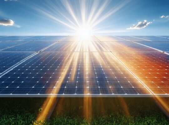 Conceptual illustration depicting a 5kW solar panel array under sunlight, with elements representing different seasons to illustrate variations in energy output.