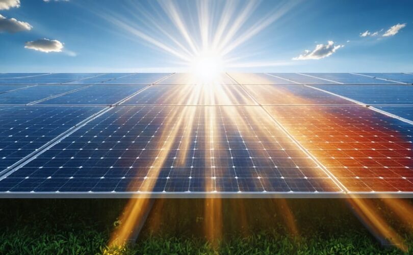 Conceptual illustration depicting a 5kW solar panel array under sunlight, with elements representing different seasons to illustrate variations in energy output.