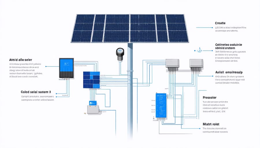 Technical diagram showing solar panels, inverter, batteries, and connection components of a 5kW system