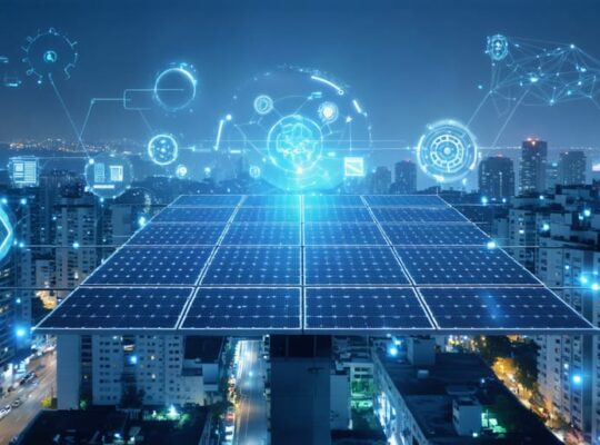 Conceptual illustration of a cityscape showing the contrast between traditional static solar panels and modern adaptive PV systems on urban buildings, highlighting smart algorithms and real-time monitoring.