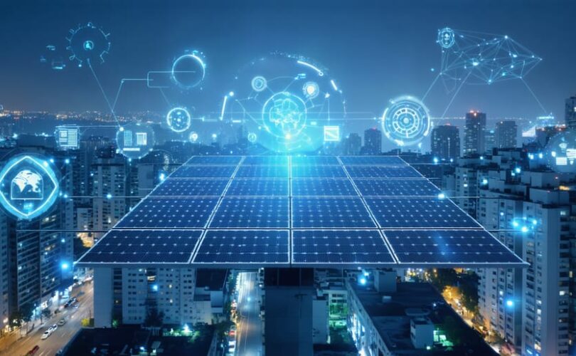 Conceptual illustration of a cityscape showing the contrast between traditional static solar panels and modern adaptive PV systems on urban buildings, highlighting smart algorithms and real-time monitoring.