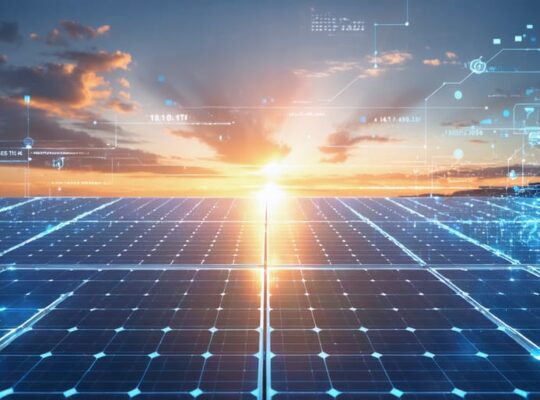 Futuristic solar panels with digital data overlays showing AI optimization, set against a bright sunrise.