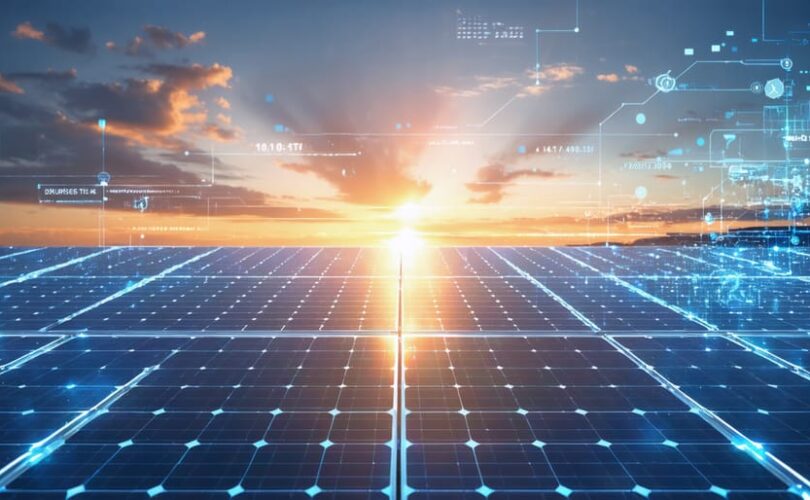 Futuristic solar panels with digital data overlays showing AI optimization, set against a bright sunrise.