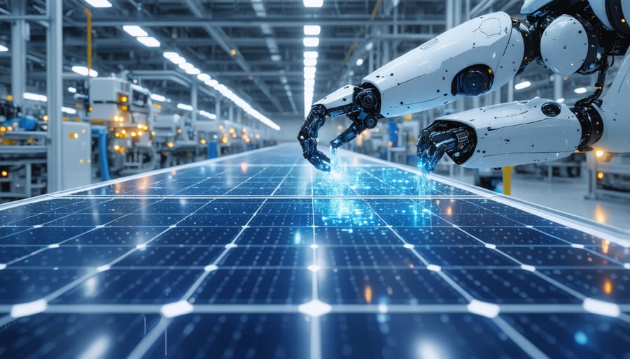 Automated robotic systems inspecting solar panels on manufacturing line with AI interface overlay
