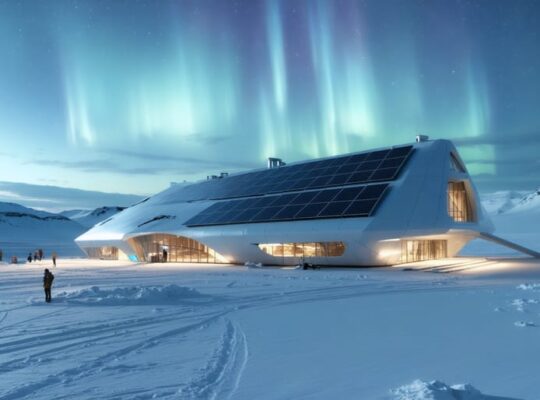 A conceptual illustration of an arctic research center featuring state-of-the-art solar panels amidst snow-covered terrain under the polar lights, representing advancements in sustainable cold climate technologies.