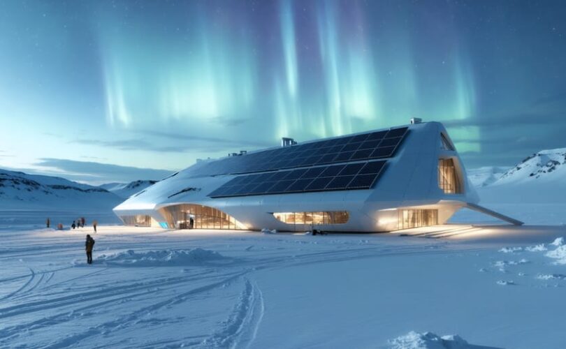 A conceptual illustration of an arctic research center featuring state-of-the-art solar panels amidst snow-covered terrain under the polar lights, representing advancements in sustainable cold climate technologies.
