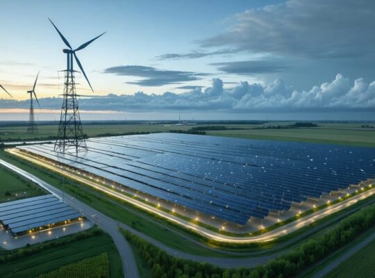 A futuristic energy landscape featuring a large-scale battery storage facility surrounded by solar panels and wind turbines, highlighting the integration of advanced energy storage systems in renewable energy infrastructure.