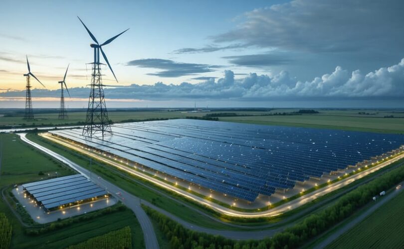 A futuristic energy landscape featuring a large-scale battery storage facility surrounded by solar panels and wind turbines, highlighting the integration of advanced energy storage systems in renewable energy infrastructure.