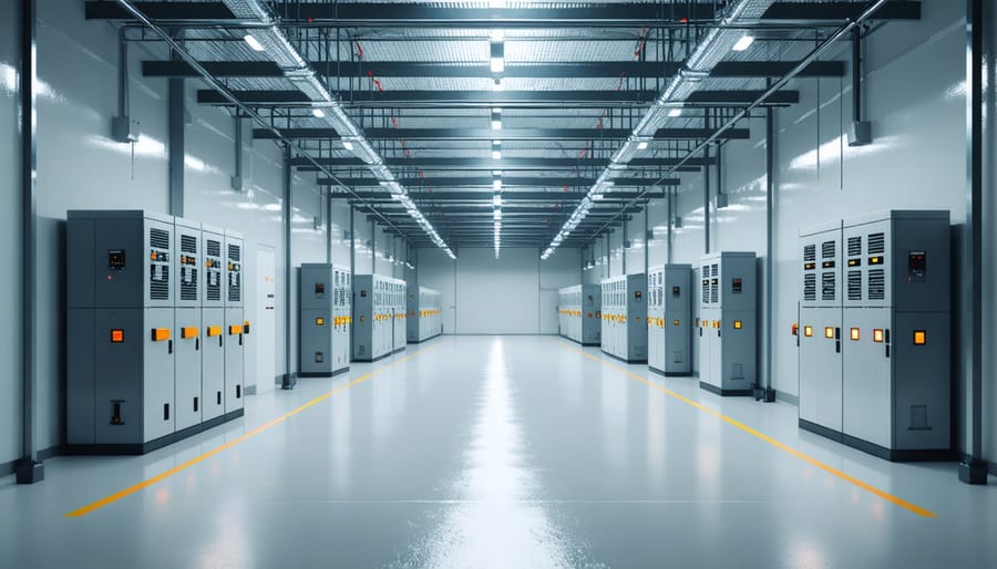 Industrial-scale battery storage facility showing fire safety infrastructure and monitoring systems