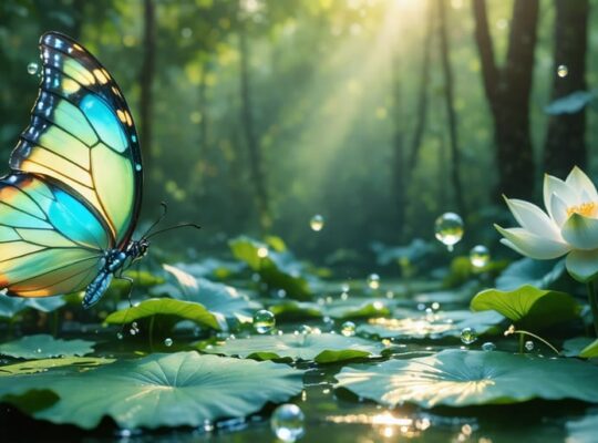 Artistic representation of bio-inspired solar technology: butterfly wings and lotus leaves merging into solar panels, symbolizing nature's influence on photovoltaic innovation.