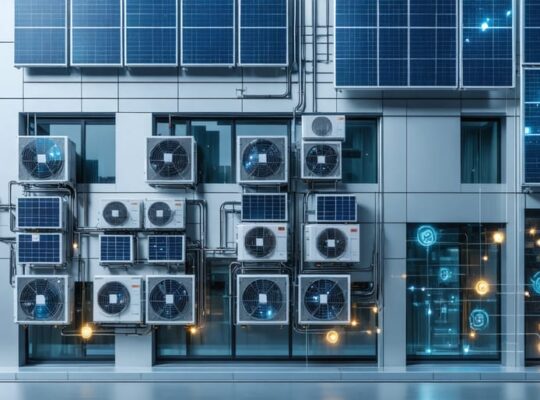 Conceptual image showing a building facade with photovoltaic panels and integrated HVAC unit ventilators, symbolizing modern energy-efficient climate control solutions.