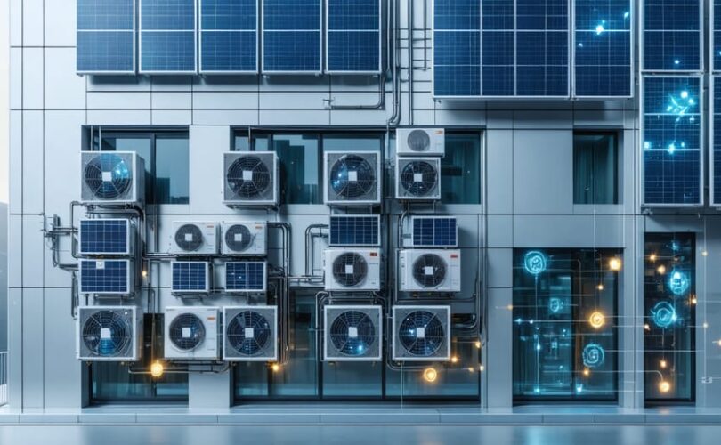 Conceptual image showing a building facade with photovoltaic panels and integrated HVAC unit ventilators, symbolizing modern energy-efficient climate control solutions.