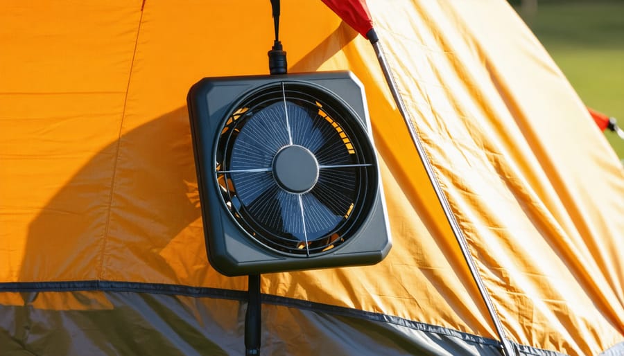 Solar fan installed on a camping tent demonstrating practical outdoor use