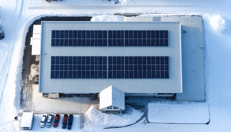 Modern research facility with multiple solar panel installations covered in snow, highlighting testing capabilities