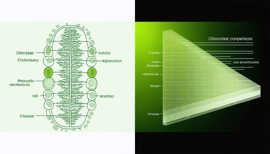 Side-by-side comparison of natural chloroplast structure and artificial solar cell layers