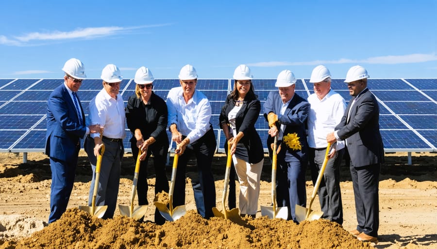 Diverse group of stakeholders celebrating new community solar project launch