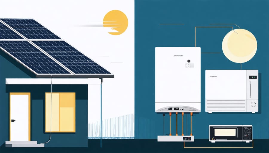 Visual representation of smart home energy optimization across day and night cycles