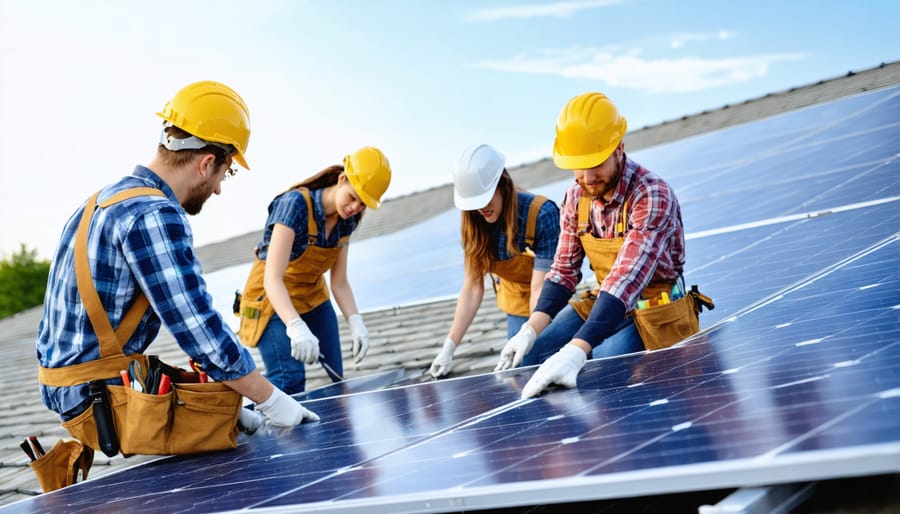 Diverse group of solar technicians installing solar panels on a commercial rooftop