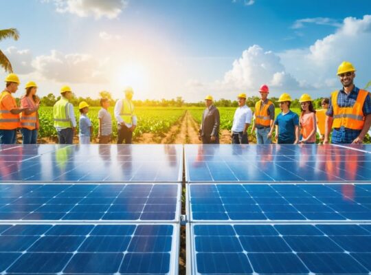 A diverse group of people standing in front of a large array of solar panels set against a bright Florida landscape, symbolizing community involvement in renewable energy.