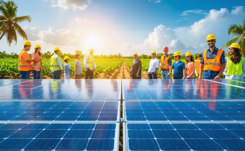 A diverse group of people standing in front of a large array of solar panels set against a bright Florida landscape, symbolizing community involvement in renewable energy.