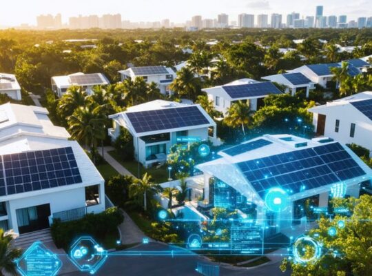 Aerial view of a Florida residential neighborhood with rooftops covered in solar panels, representing solar-powered homes integrating technology and renewable energy.
