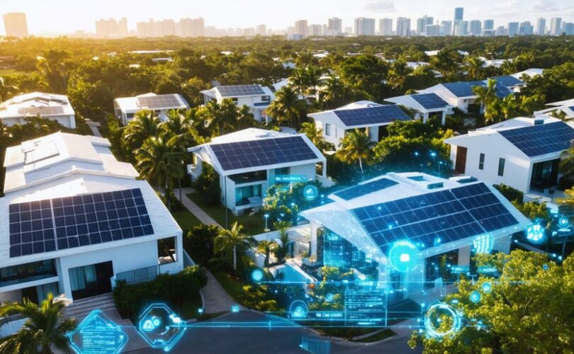 Aerial view of a Florida residential neighborhood with rooftops covered in solar panels, representing solar-powered homes integrating technology and renewable energy.