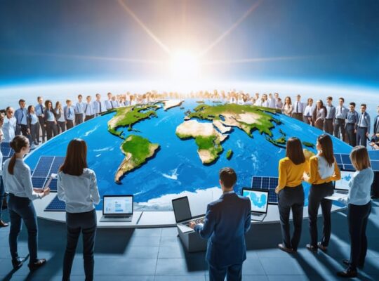 A group of diverse students and professionals engaged in various solar-related tasks around a large world map, symbolizing global solar energy training and future leadership.