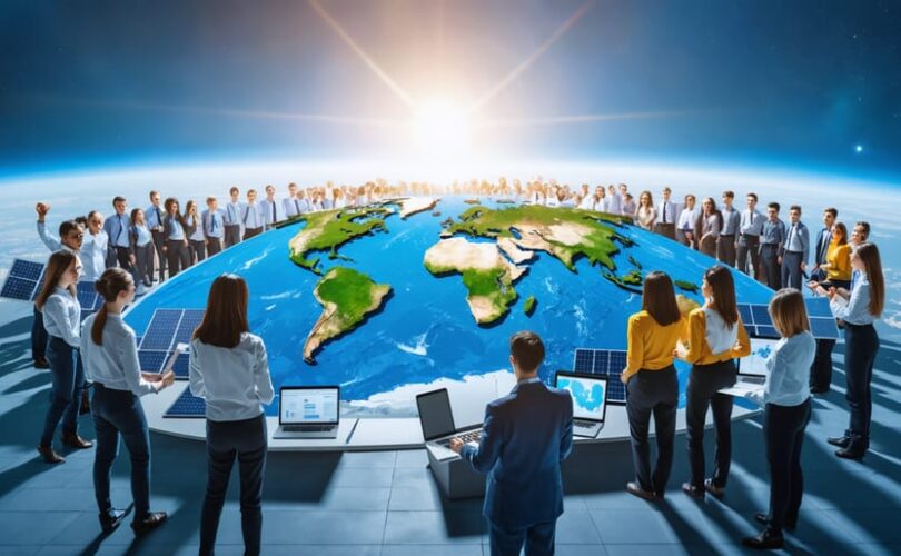 A group of diverse students and professionals engaged in various solar-related tasks around a large world map, symbolizing global solar energy training and future leadership.