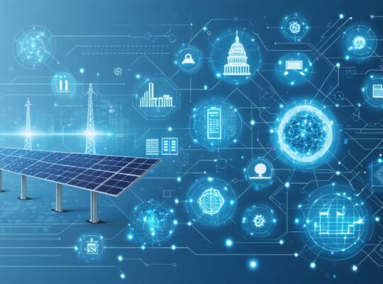 Illustration of interconnected elements including solar panels, advanced grid systems, tech icons, and utility symbols, representing partnerships in grid resilience.
