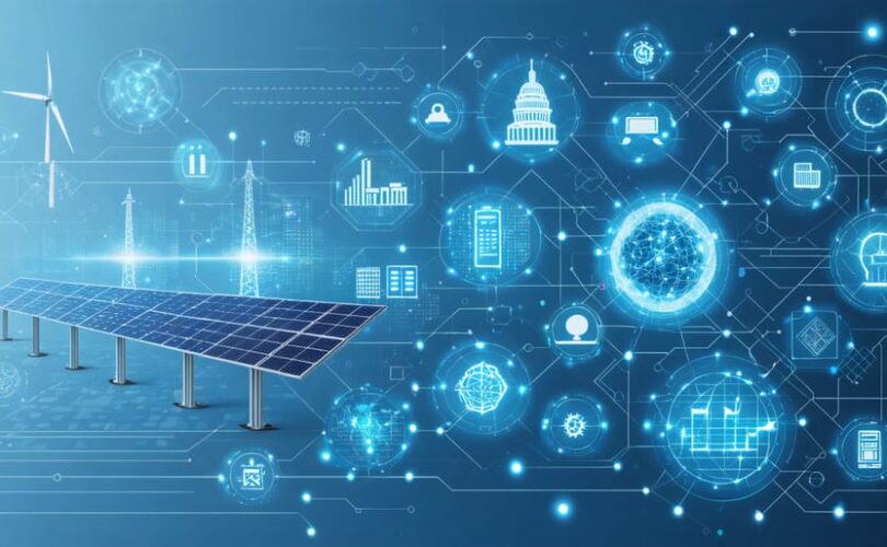 Illustration of interconnected elements including solar panels, advanced grid systems, tech icons, and utility symbols, representing partnerships in grid resilience.