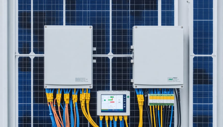 Close-up view of a wall-mounted solar inverter system with digital monitoring screen