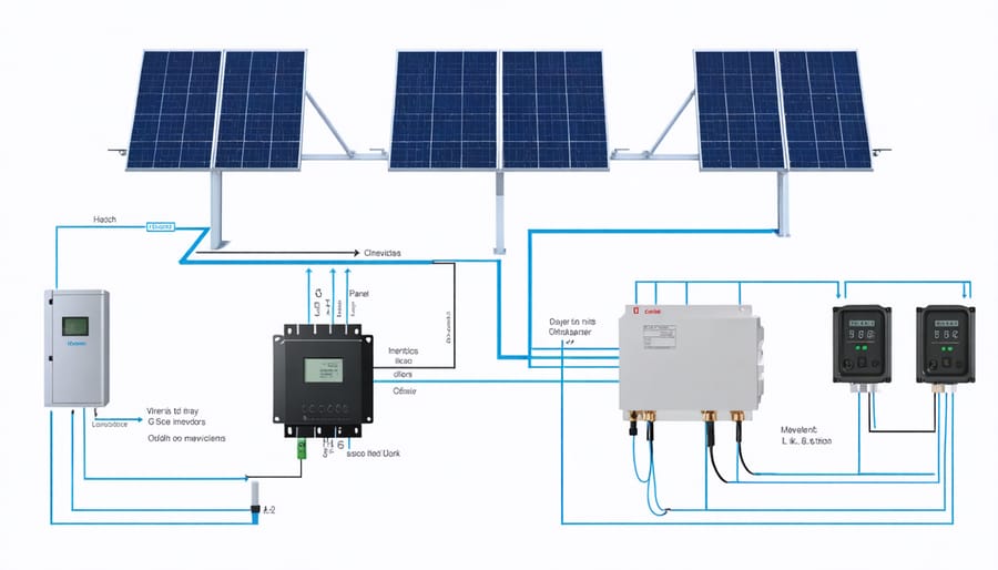 Technical illustration of a complete grid-connected solar PV system architecture