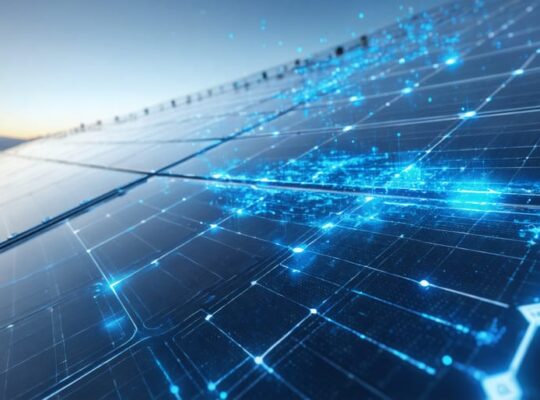 A futuristic illustration of advanced solar panels equipped with AI technology, demonstrating optimization and efficiency in photovoltaic lifecycle management through vibrant data flow and connectivity elements.
