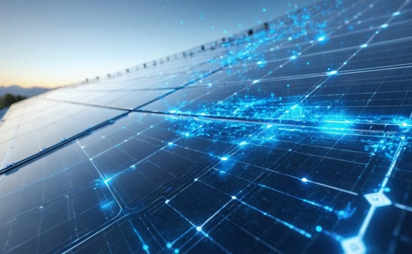 A futuristic illustration of advanced solar panels equipped with AI technology, demonstrating optimization and efficiency in photovoltaic lifecycle management through vibrant data flow and connectivity elements.