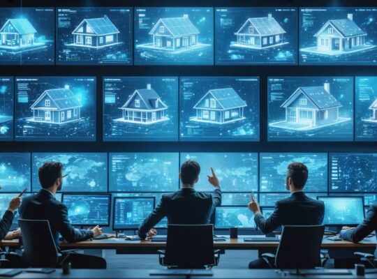 Professionals and homeowners in a high-tech control room discussing 3D models of solar panel layouts displayed on large digital screens, representing advanced interactive solar design tools.