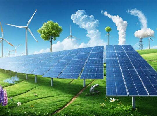 A conceptual illustration showing the synergy of solar panels, wind turbines, hydroelectric dams, and geothermal steam working together as part of a comprehensive renewable energy system.